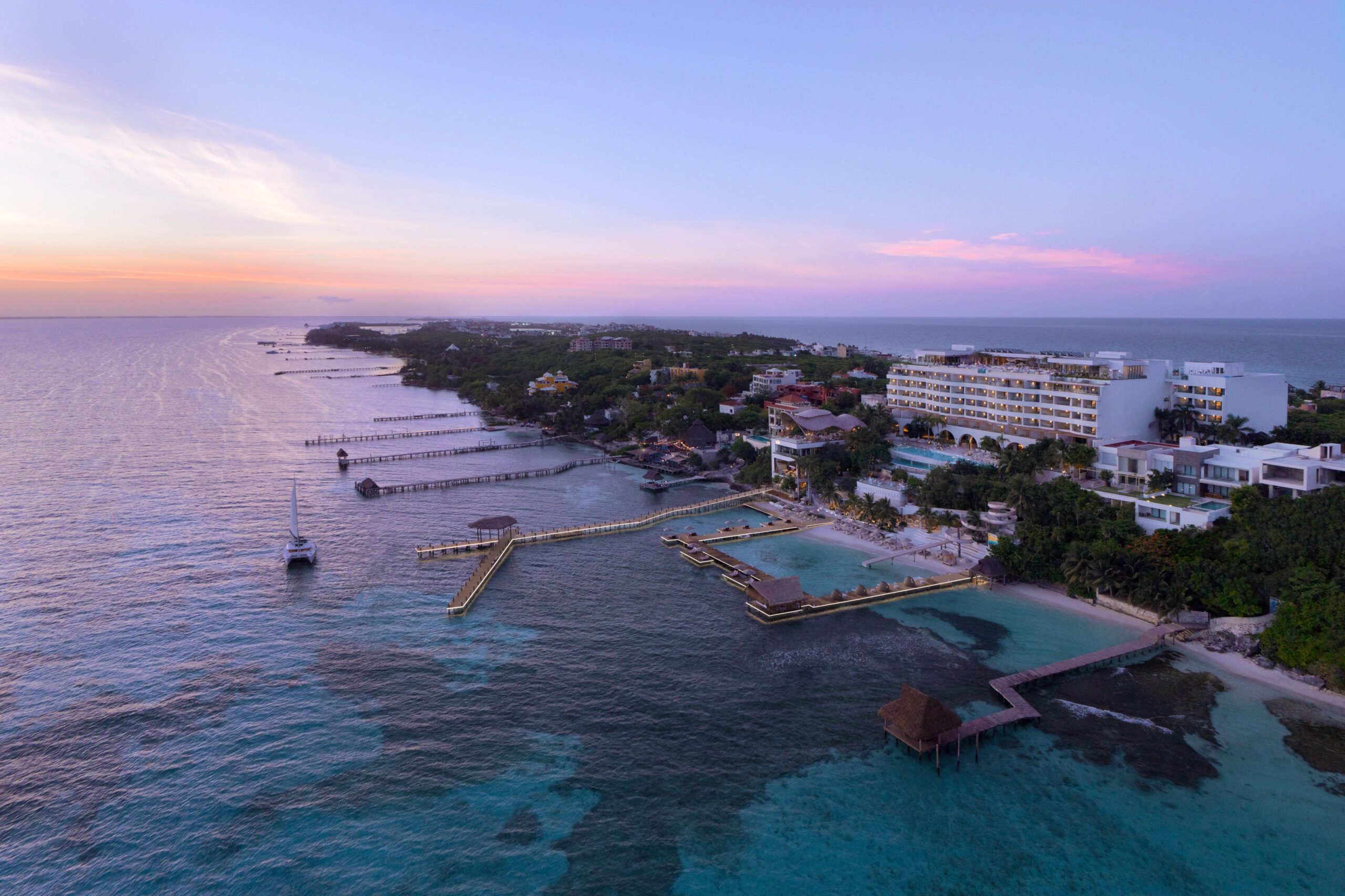 Isla Mujeres aerial at sunset.